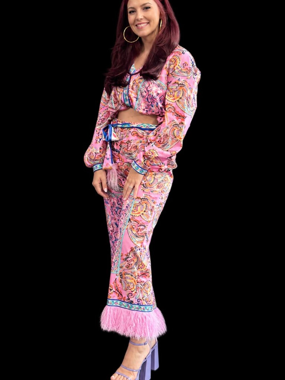 Pink Paisley Feather Trim Set | Size L 8/10